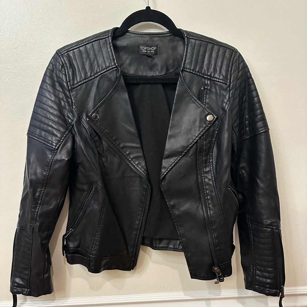 Topshop Moto Biker Black Leather Jacket, Size 4